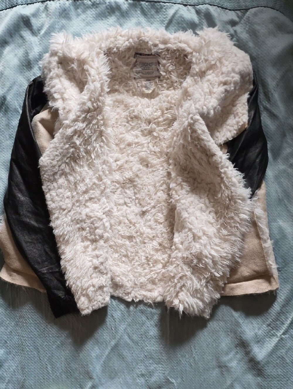 Cream Faux-Shearling Jacket with Black Faux-Leather Sleeves - Picture 4 of 4